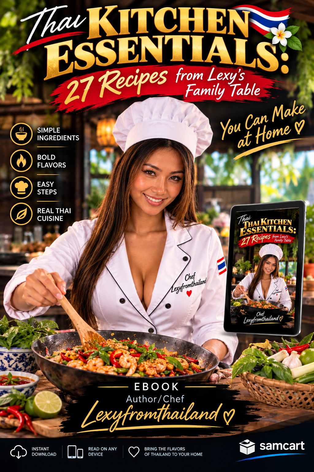 Thai Kitchen Essentials: 27 Recipes from Lexy's Family Table — cookbook cover featuring Lexi in her chef outfit